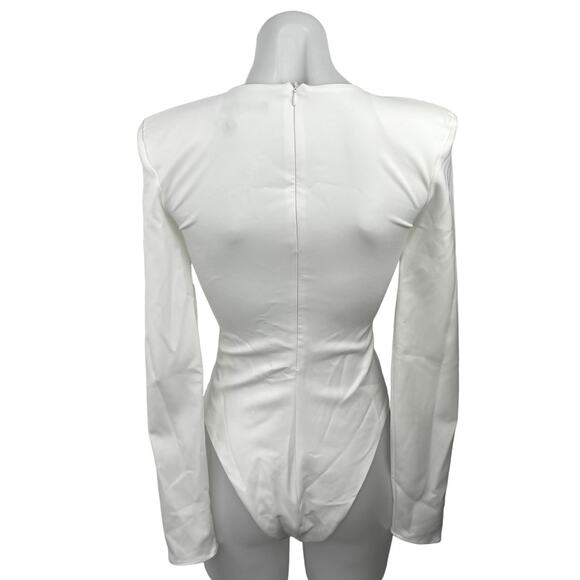 ZARA White V-Neck Long Sleeve Dramatic Shoulder Pads One Piece Bodysuit Top XS - Picture 2 of 3